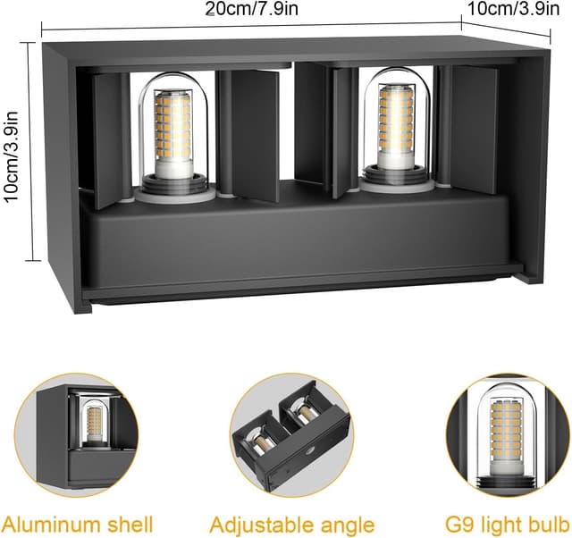 Detalle de Klighten 2er-Set LED-Wandleuchten (G9, 18 W) mit einstellbarem Abstrahlwinkel, IP54, dunkelgrau