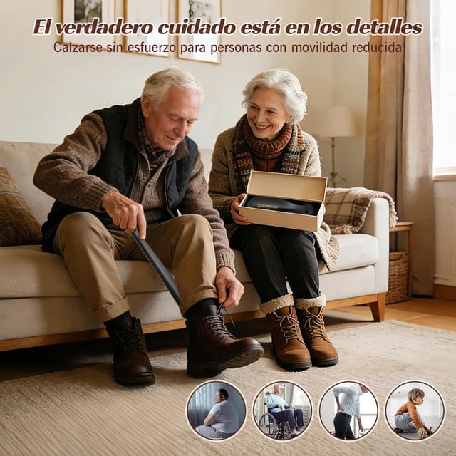 Detalle de ZOMAKE calzador de zapatos 2 piezas (42 cm y 19 cm) con mango de cuero, negro