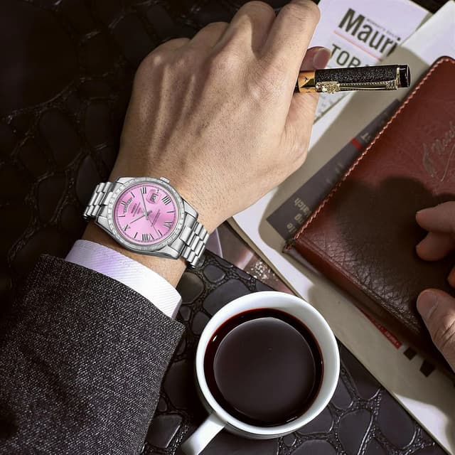 Detalle de NIBOSI Herren Analog Quarz-Uhr mit Tages- und Datumsanzeige, Edelstahl & Diamantlünette