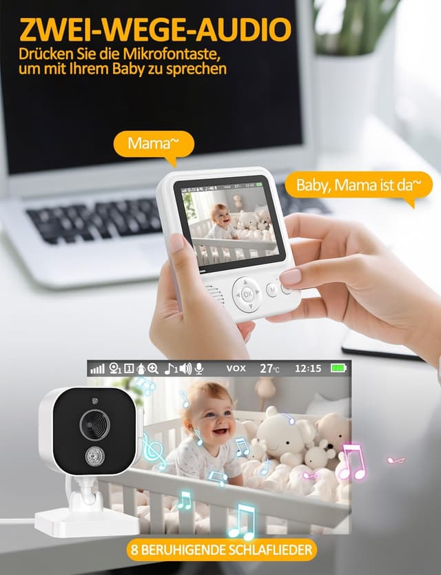 Thumbnail 6 de BURNNOVE Babyphone mit Kamera (720P IPS) ohne WLAN – 2,8-Zoll-Display, Nachtsicht & VOX-Modus