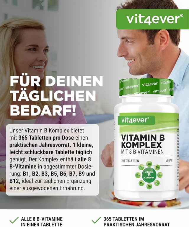 Detalle 2 de vit4ever Vitamin B Komplex mit 365 Tabletten (12-Monatsvorrat) – alle 8 B-Vitamine in einer veganen Tablette