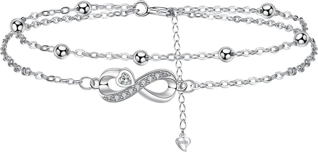 Detalle de Arrebol Fußkettchen Damen aus Silber 925 – Doppelkette mit Kugelperlen, verstellbar (22 cm + 4 cm)