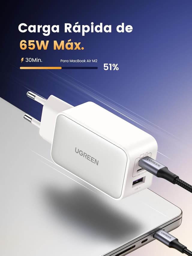 Detalle 2 de UGREEN Nexode 65W cargador GaN 3 puertos