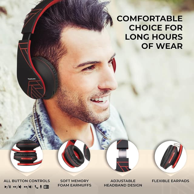 Detalle de PowerLocus Bluetooth Over-Ear Headphones (Black/Red) with Mic, Foldable Design & MicroSD/TF