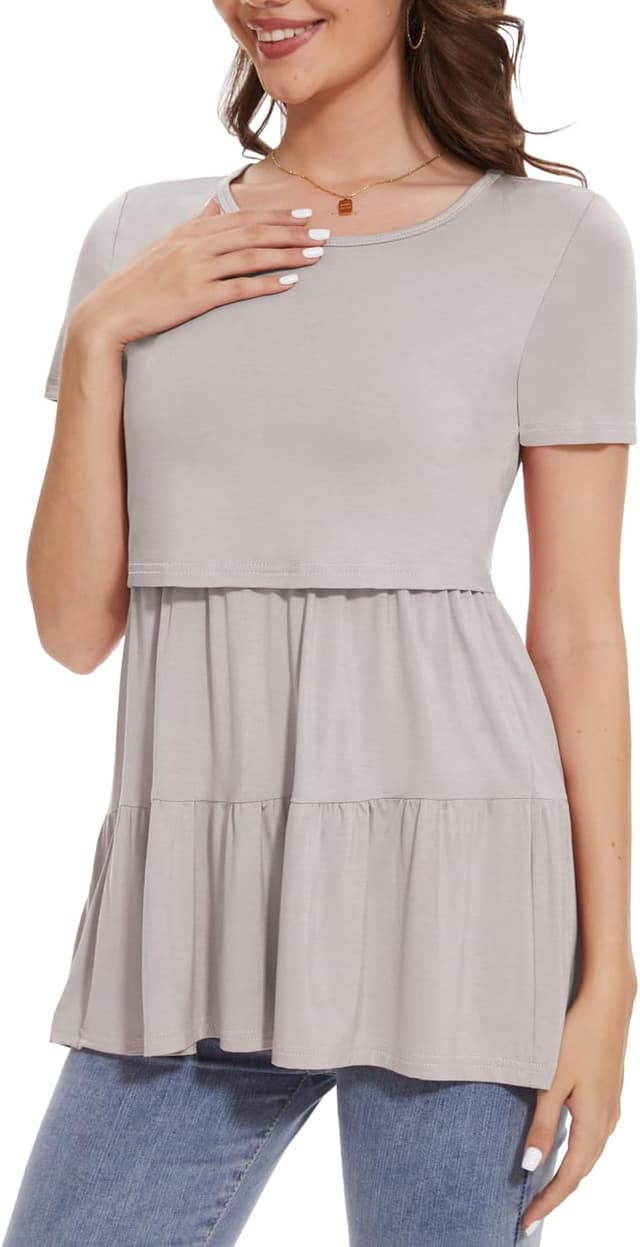 Detalle de Bearsland Women’s Nursing Top 3er-Set mit kurzen Ärmeln und Schlupf-Ausschnitt (Stillshirt)