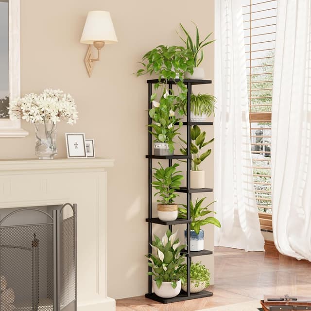 Detalle de Bamworld Porta Piante verticale per balcone e interni in metallo e legno, nero, 7 ripiani