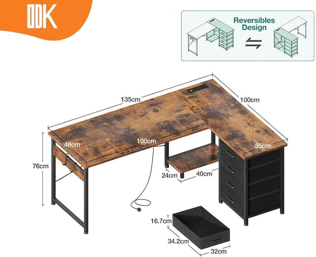 Detalle de ODK Corner Desk with Drawers – Reversible L Shaped Computer Desk with Power Outlet, USB Charging and Host Stand, 135×100cm (Vintage Brown)