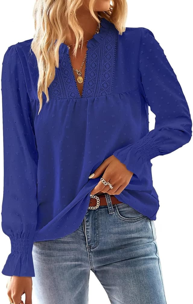 Detalle de TUUHAW Damen Langarmshirt mit V-Ausschnitt, Häkelspitze und weitem Schnitt (Boho-Style)