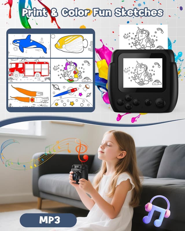 Detalle 2 de Gofunly Kids Instant-Print Camera (1080P, 2.4-inch) with 32GB Card & 3 Paper Rolls, Black