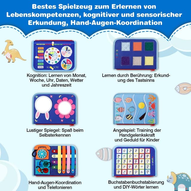Detalle de JHkim Montessori Busy Board (Deutsch) für Kinder ab 1–4 Jahre – Motorikbrett für Reise, Auto & Flugzeug
