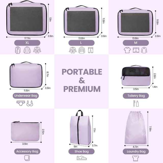 Detalle 2 de Prezon 8-Piece Packing Cubes Set (Purple) for Suitcase Travel Organisers