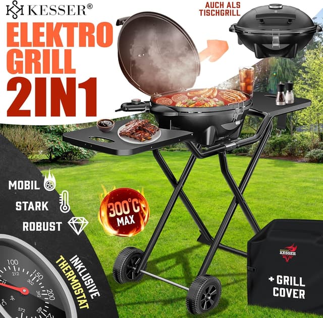Detalle 2 de KESSER® 2in1 Elektrogrill Tischgrill & Standgrill mit Deckel, Thermostat, Antihaftbeschichtung (2400 Watt)