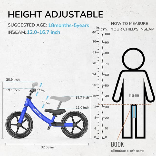 Detalle de Umatoll Toddler Balance Bike (No-Pedal) for Ages 18 Months–5 Years with Tool-Free Adjustment