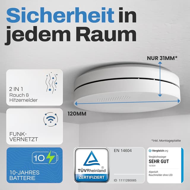 Detalle de ALPENLUFT Funk vernetzter Rauchmelder & Hitzemelder 2in1, 10 Jahre Batterie, 5er-Set ohne Bohren