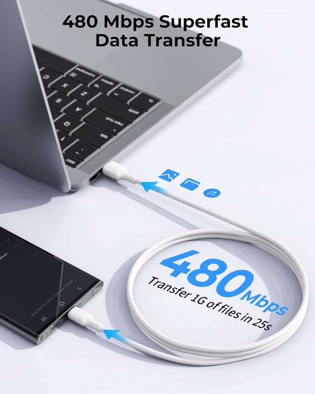 Detalle de VOLTME Cavo USB-C 60W PD 3A in TPE da 1,20 m (bianco) con ricarica rapida e trasferimento dati fino a 480 Mb/s