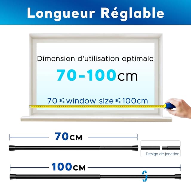 Detalle 2 de Tringle à rideaux extensible sans perçage BSYXLSX noire 70–100 cm
