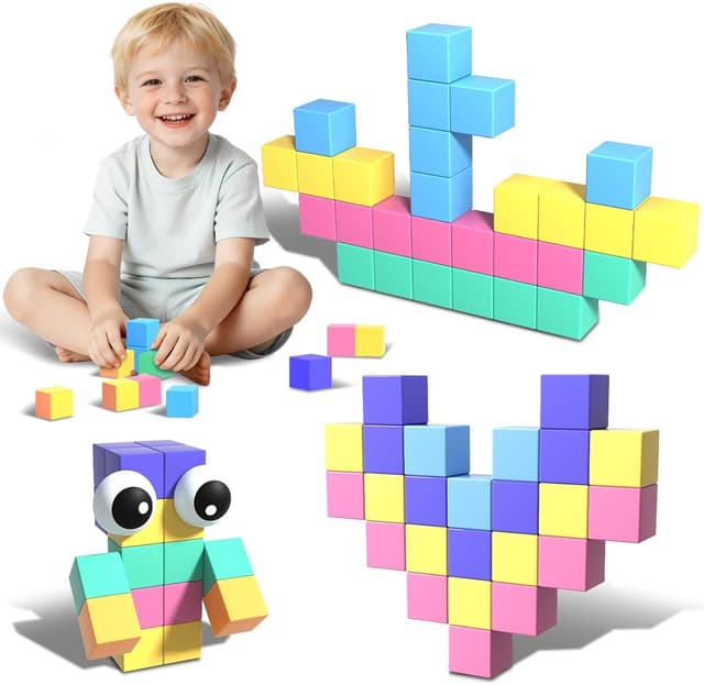 Detalle de Magnetic Building Blocks for Kids (56pcs) – 1-inch Magnetic Cubes & Tiles with Toy Eyes for STEM Play