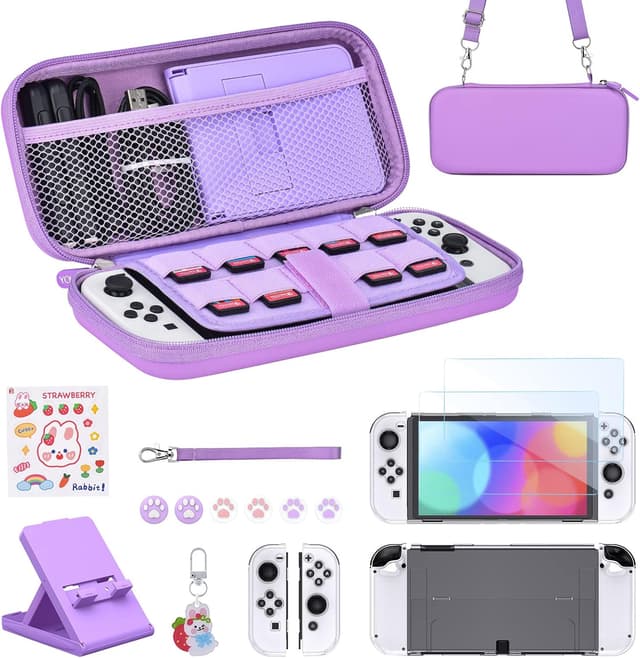 Detalle de Younik Switch OLED Accessories Bundle (17-in-1 kit) with carry case, stand, screen protectors and J-Con covers