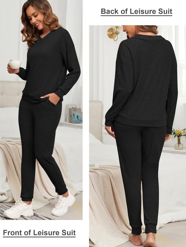Detalle 2 de Famulily Women’s Loungewear Set: V-Neck Long Sleeve Top & Jogging Bottoms (2-Piece)