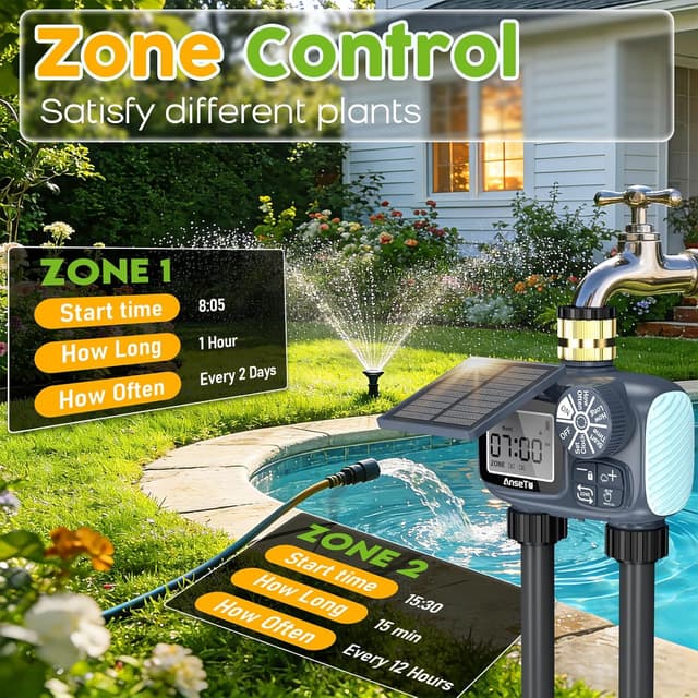 Detalle de AnseTo Timer di Irrigazione Solare con 2 Uscite e pannello regolabile, ricarica USB-C