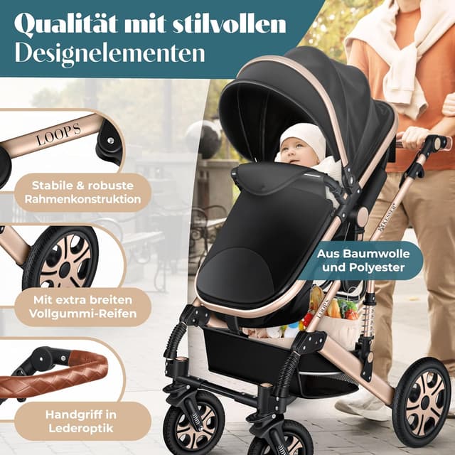 Detalle de KESSER® Loops 4-in-1 Kombikinderwagen Komplett-Set (inkl. Babywanne, Sportsitz, Babyschale, Wickeltasche, Regenschutz) – Schwarz/Champagne