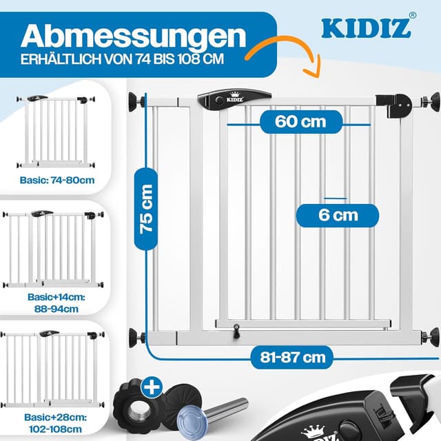 Detalle de KIDIZ Treppenschutzgitter ohne Bohren – verstellbare Breite 81–87 cm, 75 cm hoch, Türschutz- und Absperrgitter mit 90° Open-Stop