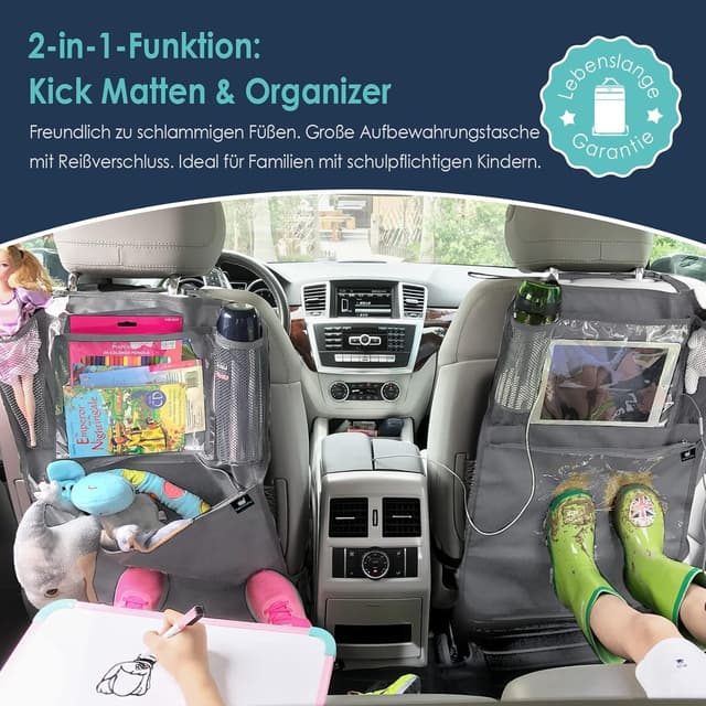 Detalle 2 de Termichy Rückenlehnenschutz fürs Auto mit Organizer & wasserdichtem Schutzplane – für Kinder, Rücksitz (1 Stück) grau