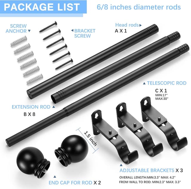 Detalle de AMZSEVEN Adjustable Curtain Rods for Windows (16–150 in Max), Round Finials, Black