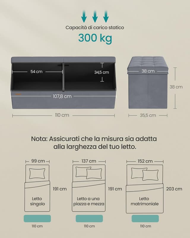 Detalle 2 de SONGMICS Pouf Cassapanca Pieghevole 131 L Grigio