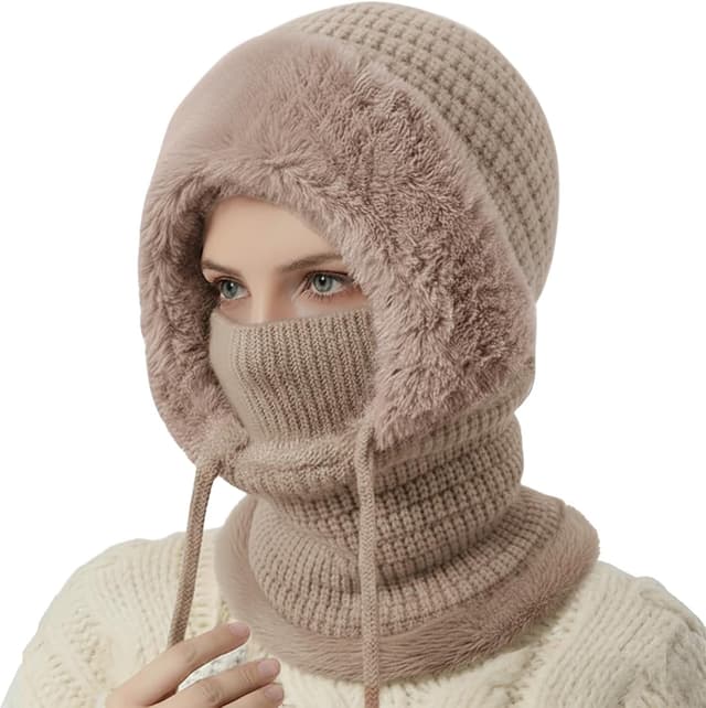 Detalle de DRESHOW Women’s winter balaclava knit hat with drawstring hood scarf – 3-in-1 windproof face cover