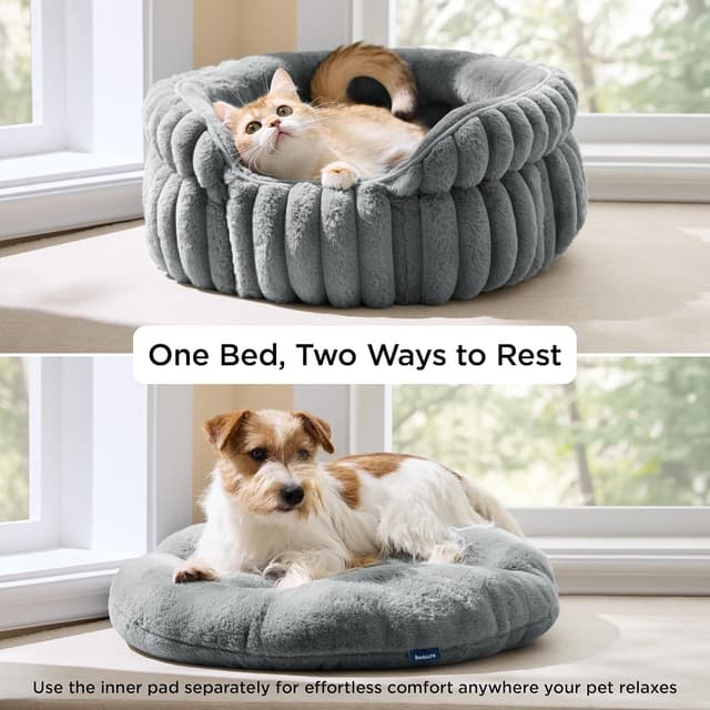 Detalle de Bedsure Cat Bed Washable Kitten Bed, 58x58cm Grey Round Semi-Enclosed Corduroy Fleece