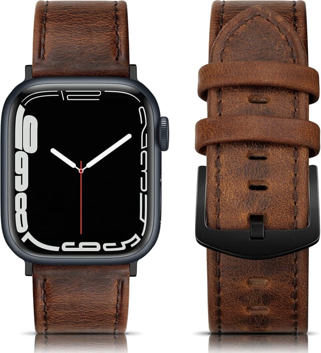 Detalle de Tuocal Genuine Leather Strap for Apple Watch (42mm/44mm/45mm/46mm) – Vintage style leather band with stainless steel connectors