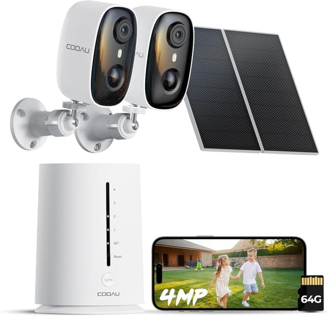Detalle de COOAU kit de surveillance WiFi extérieur 2 caméras 4MP avec station de base et stockage local 64 Go, sans abonnement
