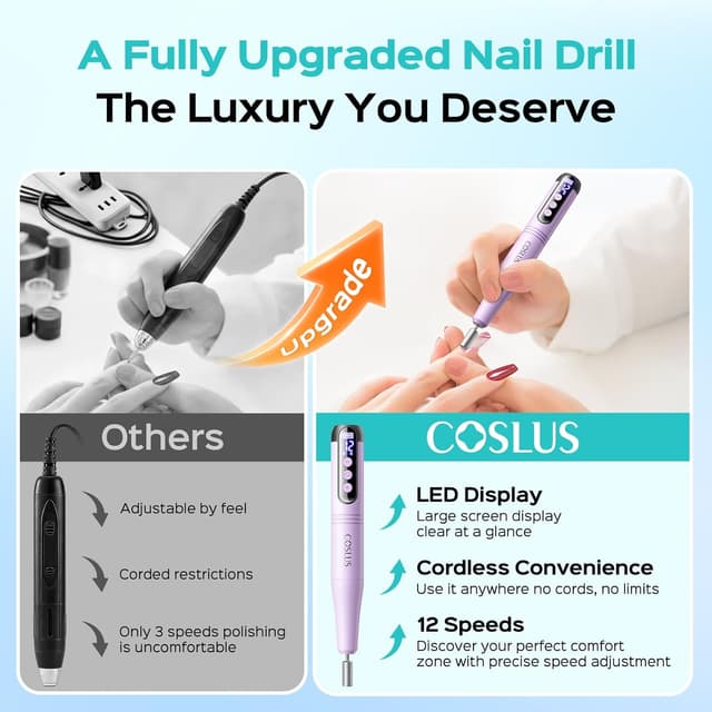 Detalle 2 de COSLUS C50 Cordless Electric Nail Drill (12-Speed) with LED Display, Purple