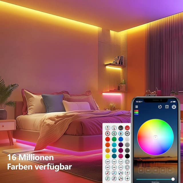 Detalle de VKH LED Strip 30 m (2×15 m) RGB, selbstklebend mit Fernbedienung, App und Musik-Sync