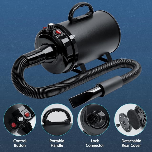 Detalle 2 de Blanlody Dog Hair Dryer Blaster 3800W Pet Grooming Hair Dryer (Low Noise, 4 Nozzles, Black)