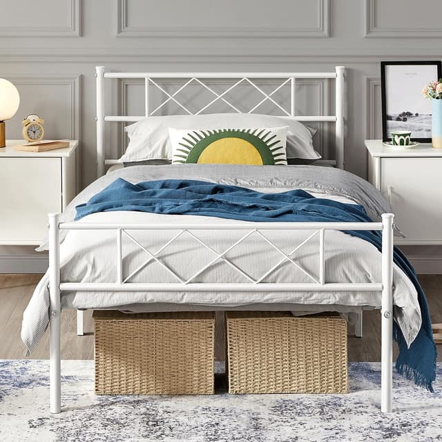 Detalle de Yaheetech Struttura letto singolo in metallo con testiera a X e rete a doghe 90x200 cm (bianco)