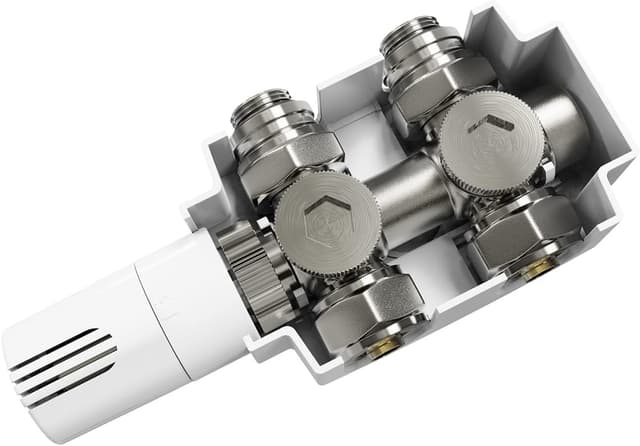 Detalle de Heilmetz Multiblock Set für Heizkörper-Anschlussarmatur mit Thermostat (Ventil 50 mm) – Weiß, 15 mm + 16 mm