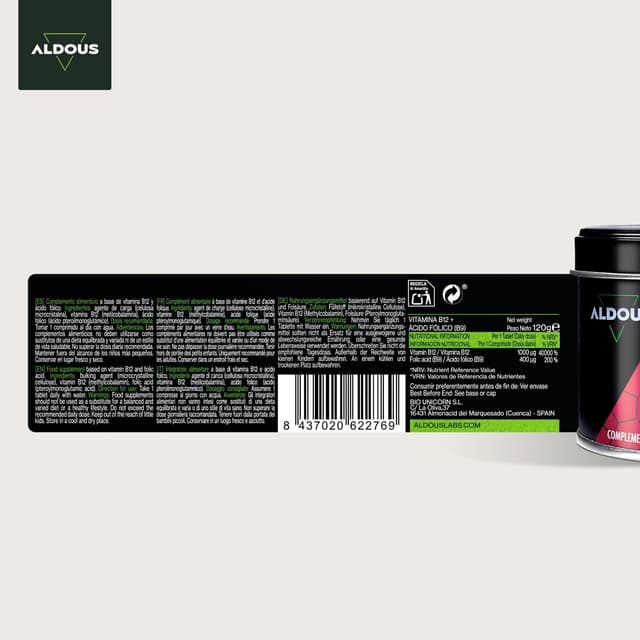 Detalle 2 de Vitamina B12 Vegana y Ácido Fólico 400 Comp. 🌱