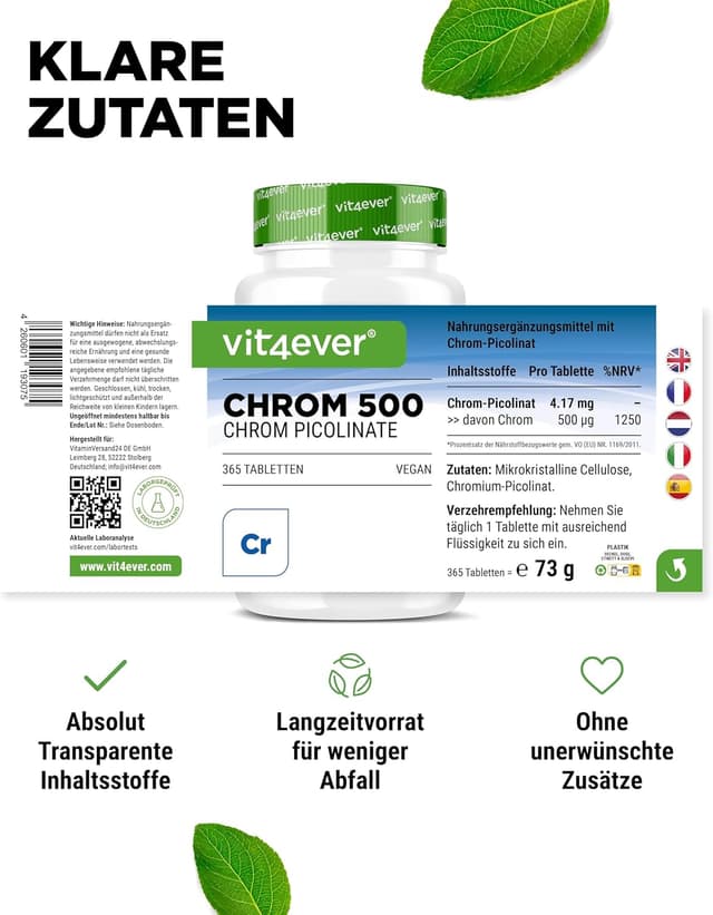 Detalle de vit4ever Chrom aus Chromium Picolinate extra hochdosiert – 500 mcg pro Tablette, 365 Tabletten (vegan)