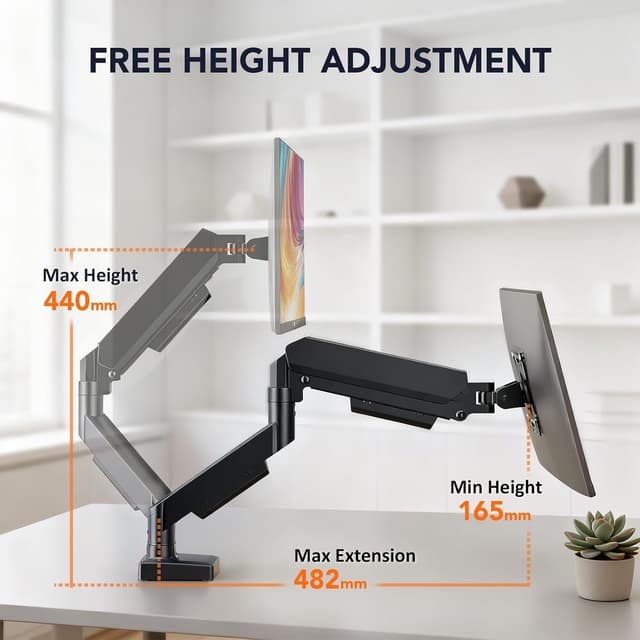 Detalle 2 de Hemudu single monitor arm (gas spring) for 17–32 inch screens, VESA 75/100mm, up to 9kg