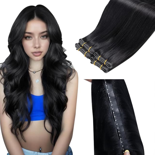 Detalle de LaaVoo Butterfly Weft Echthaar Tressen – doppelseitig, nahtlos, kleberfrei, Schwarz (40 cm, 80 g)