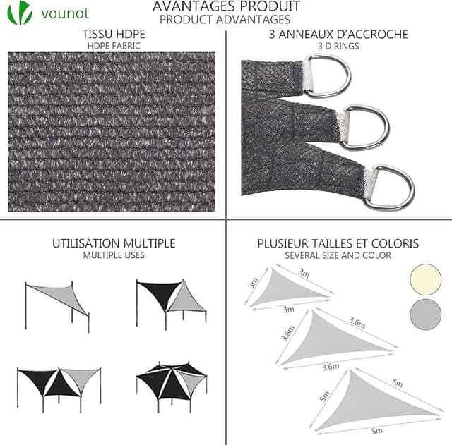 Detalle 2 de VOUNOT Toldo Vela Triangular 3x3m - Sombra UV