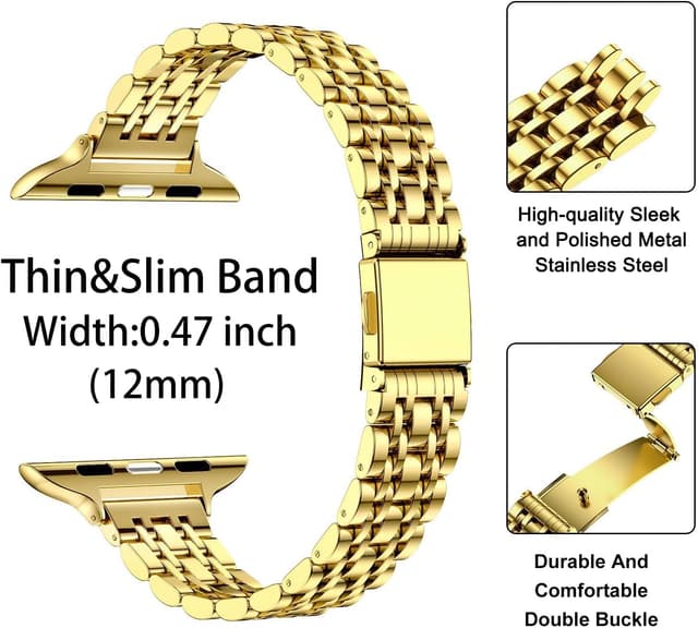 Detalle 2 de MioHHR Slim Straps Thin Stainless Steel Chain Band for Apple Watch (Gold) – 42mm–49mm compatible
