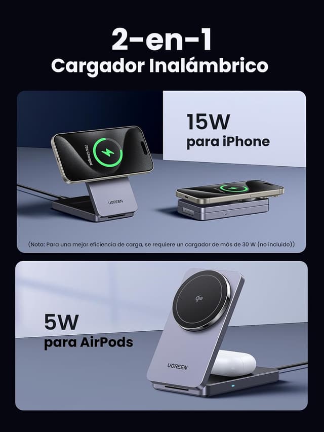 Detalle de UGREEN MagFlow Qi2 Cargador Inalámbrico 15W para iPhone y AirPods ⚡