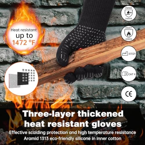 Detalle de SPGOOD guantes de barbacoa y horno resistentes al calor hasta 800℃ (largos, M/XL)