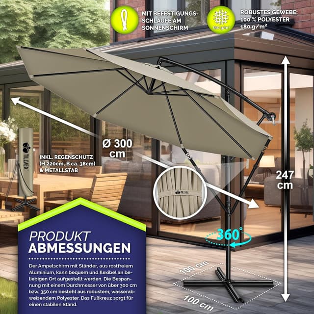 Detalle de tillvex Alu-Sonnenschirm mit Abdeckung Ø 300 cm, Kurbel & 360° drehbar (Ampelschirm)