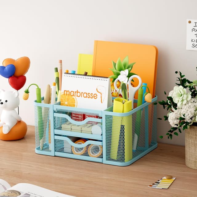 Detalle de Marbrasse Organizer Scrivania in rete con portapenne e 3 scomparti (blu)