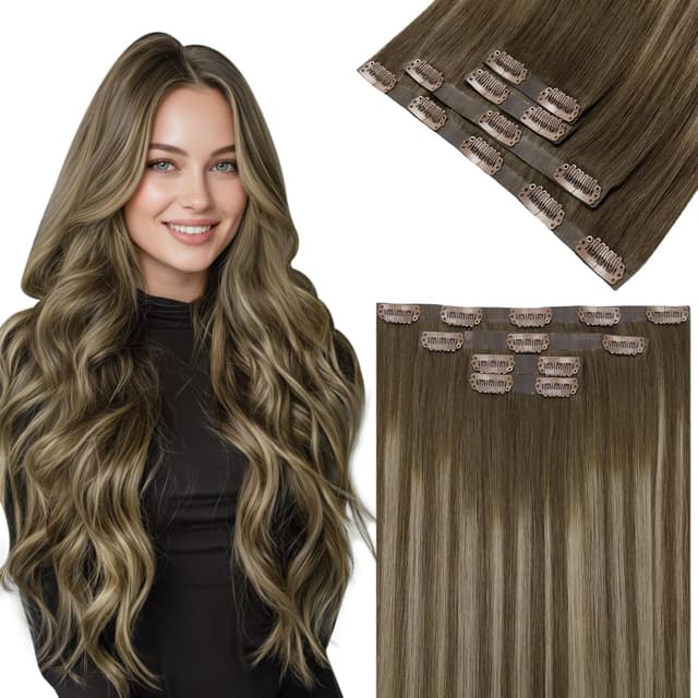 Detalle de LaaVoo Clip-in Extensions Echthaar Glatt 40 cm (4 Clips, 80 g) #8/16/8 – Braun/Balayage