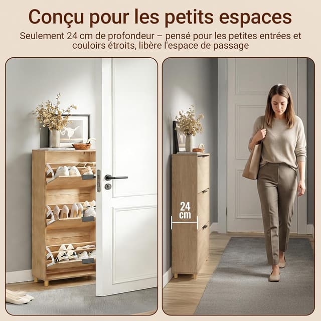 Detalle de SoBuy FSR213-N meuble à chaussures étroit 24 cm en bois nordique (60 x 24 x 120 cm)